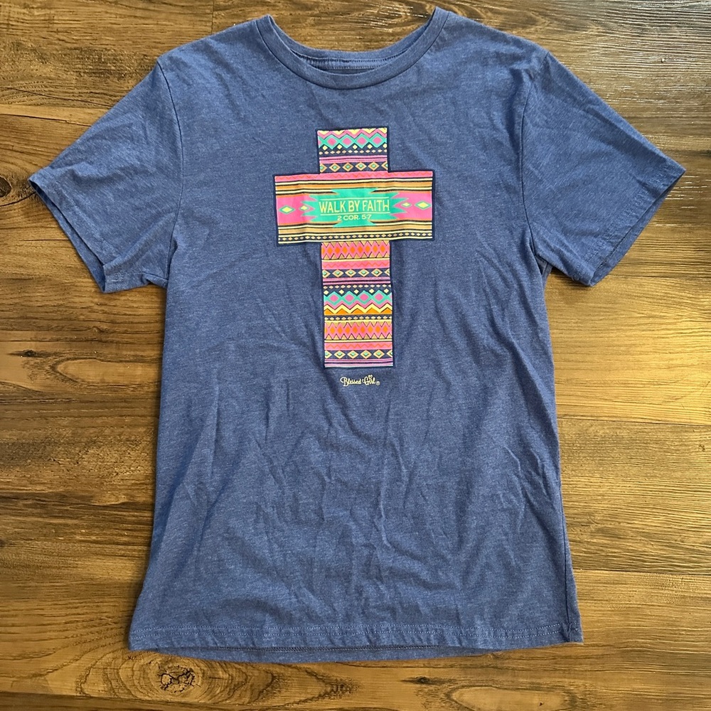 Blessed Girl Graphic T-Shirt with Colorful Cross Design - size S